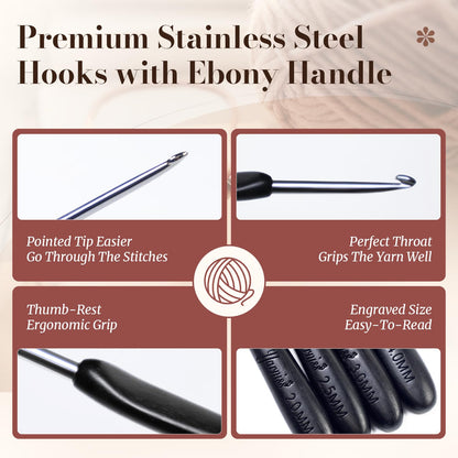Yarniss Artisan Stainless Steel Crochet Hooks Set,2.0-4.0mm Handmade Crochet Needle with Ebony Handle for Beginners,Gift for Crocheter