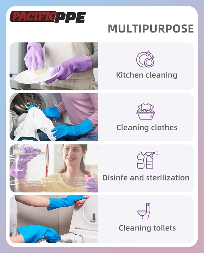 PACIFIC PPE 4 Pairs Reusable Dishwashing Cleaning Gloves with Latex Free, Cotton Lining, Kitchen Gloves, Blue, Medium