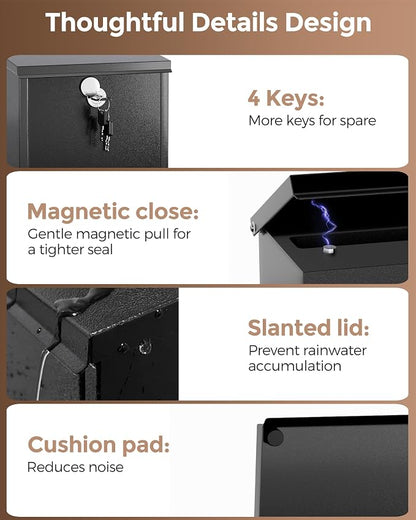 LAND·VOI Locking Wall-Mount Mailbox for Outside, with 4 Keys, Galvanized Steel Rustproof Metal Postbox, 3.1" Dx7.5 Wx10.8 H, Includes 3 Sets of Mailbox Numbers, Nameplate, Black, AMB32B