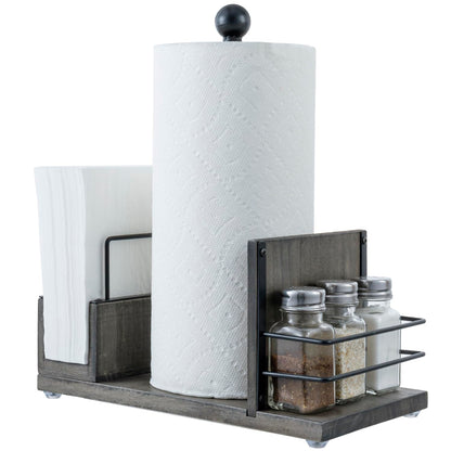 MyGift Rustic Paper Towel Holder & Napkin Holder Set – Wooden Countertop Kitchen Caddy with Spice Rack (Matte Black Industrial Style)