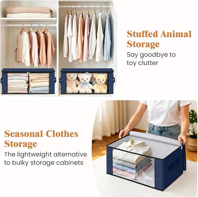 Fab totes 35L Closet Organizers and Storage, Foldable Under Bed Storage Containers, Storage bags for Organizing Bedroom, Closet, Clothing,Organization with Handle (4 Pack,Blue)