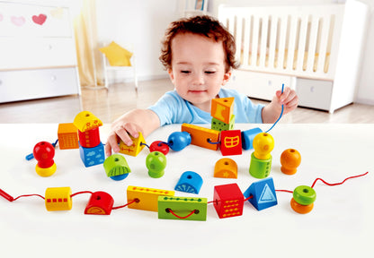 Hape String Shapes Wooden Toy Blocks in 32 Pieces, 3+ Years, Water Based Paint, String