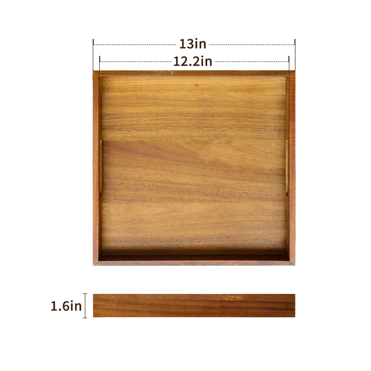 13 inch Acacia Wood Square Serving Tray, Decorative Platter with Handles, for Breakfast in Bed, Coffee Table, Appetizers, Snacks or Home Decor