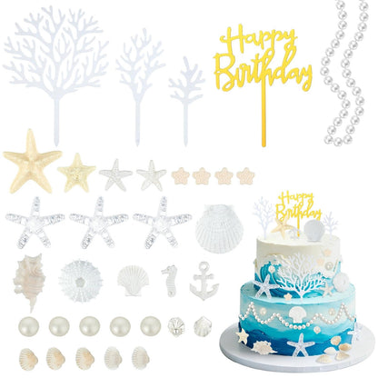 Prospura 34Pcs Beach Cake Topper Set, Under the Sea Theme Decorations with Golden Happy Birthday Sign, Ocean Seashells Starfish Conch for Summer Birthday Party Supplies