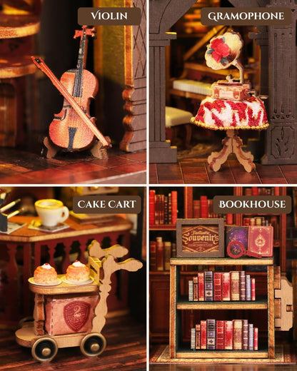 Merrifete Letter Coffee DIY Miniature House Kit with LED Light - Assembled Dollhouse Kit for Shelf Decor - Wood 3D Puzzles Tiny House Book Nook - Creative Gift for Adults at Birthday Christmas