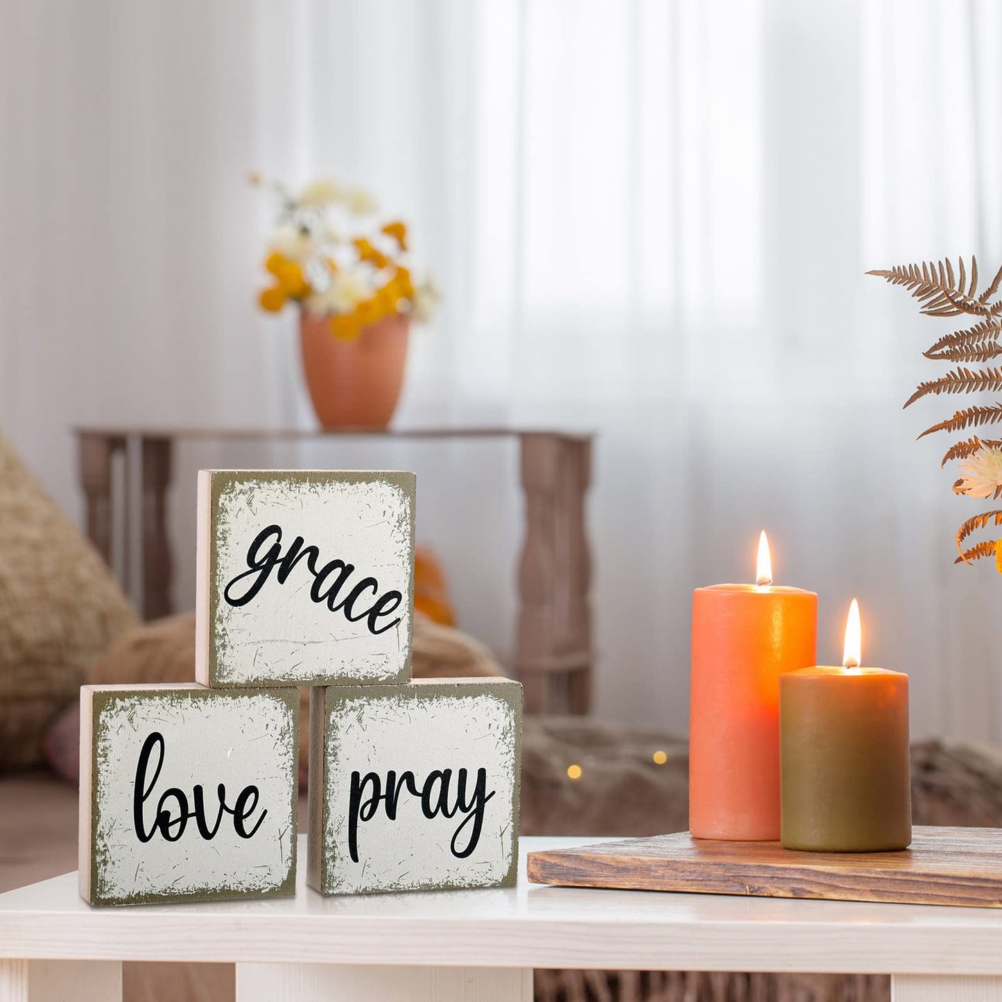 Qunclay 6 Pieces Farmhouse Tiered Tray Decor Inspirational Rustic Wood Sign Faith Love Hope Wooden Table Decorations Art Print Wooden Block Signs for Office Home Tabletop Bookshelf, 2.5 x 2.5 Inch