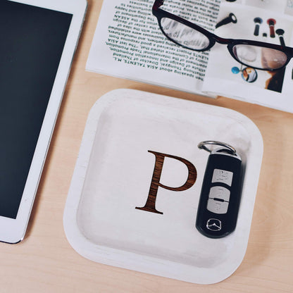 I'm Wooden Personalized Letter Catchall Valet Tray Trinket Dish Jewelry Tray Key Bowl Decorative Plate Organizing Ring Earrings Necklaces Bracelet Watch Coins Wallet Holder (6"x6" Sq White P)