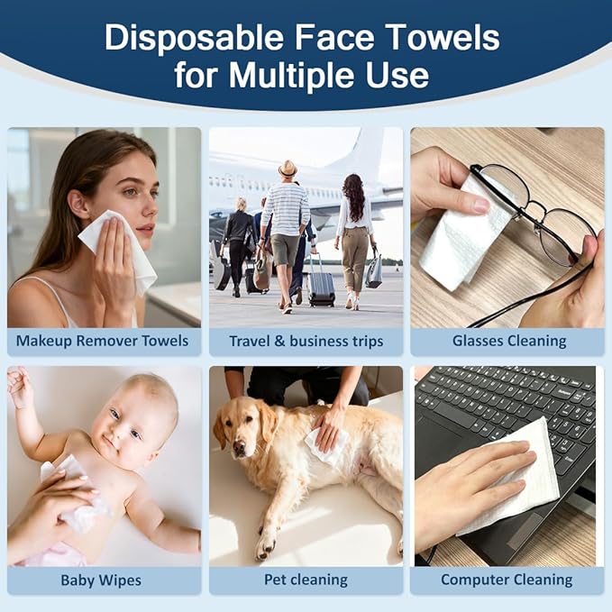 GLIMGLINT Face Towels，200 Count Disposable Face Towelettes, Biodegradable