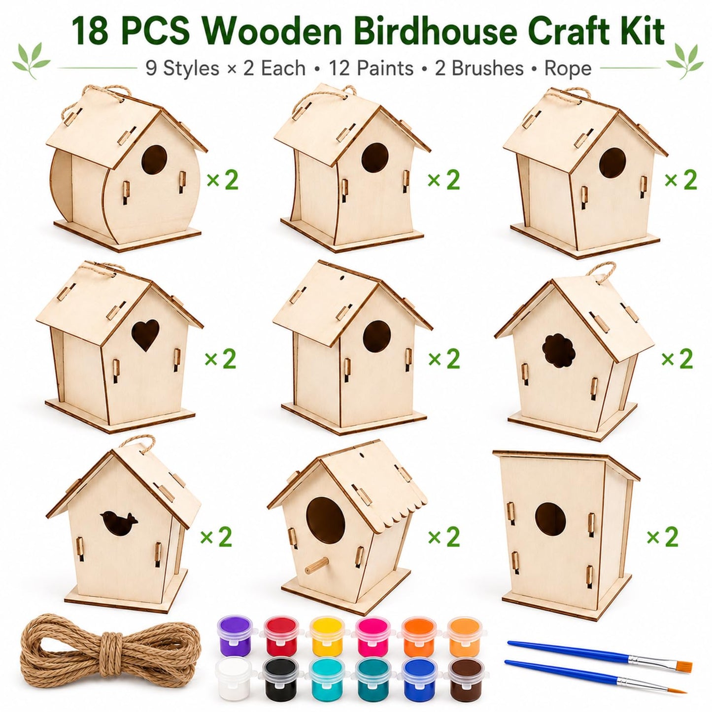 Bird House Kit, Wooden Bird Houses Craft Kits for Kids, 18 PCS DIY Painting Set with Paint Brushes Rope, Arts and Crafts for Kids Ages 6-12