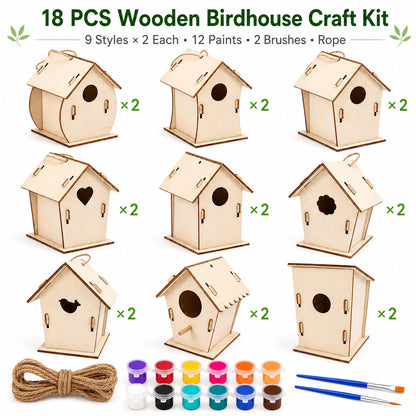 Bird House Kit, Wooden Bird Houses Craft Kits for Kids, 18 PCS DIY Painting Set with Paint Brushes Rope, Arts and Crafts for Kids Ages 6-12