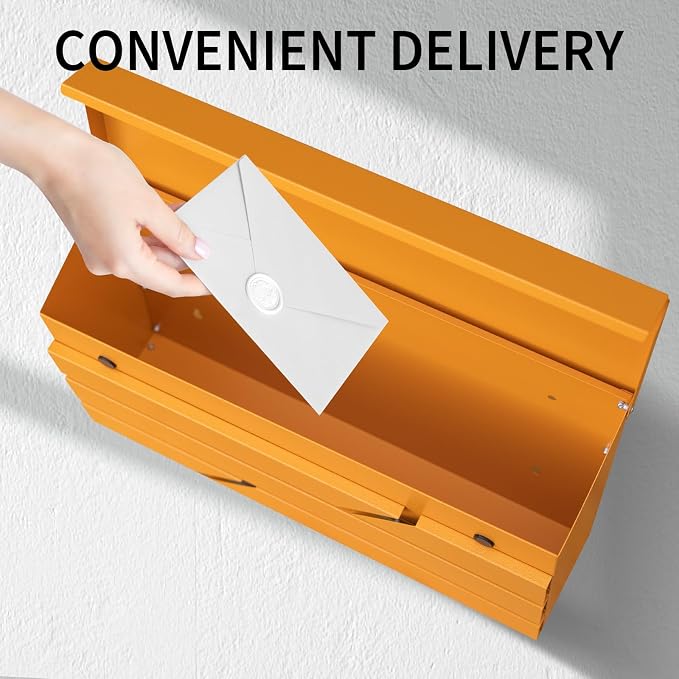 Wall Mount Mailbox for House Outside, Large Capacity Mailbox Drop Box, Galvanized Steel and Rust-Proof Metal Post Box, 15.74"x9.84"x4.33", Yellow