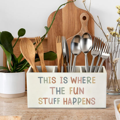 ELMCH Boho Classroom Pen Pencil Holder for Kids, Boho Playroom Wood Desk Organizer and Accessories, This Is Where the Fun Stuff Happens Pen Holder Desk Organizer for Kids Classroom Playroom Tabletop