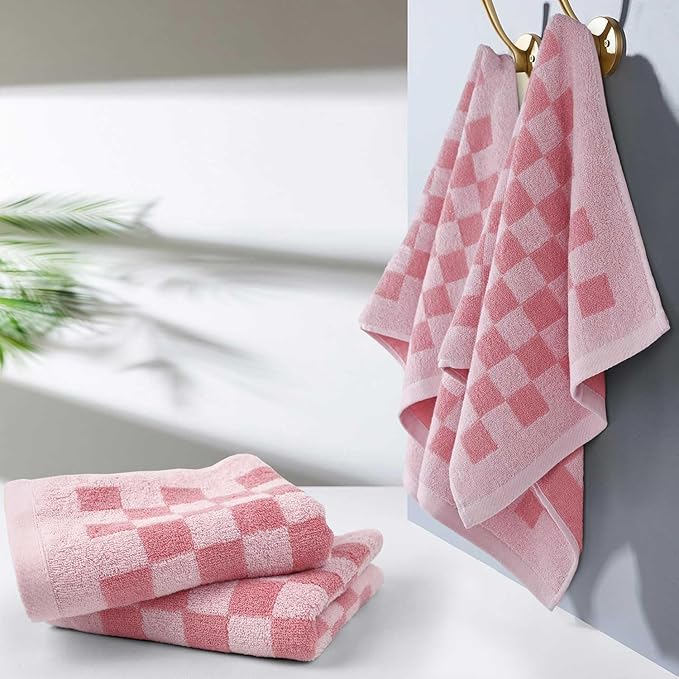 Jacquotha Soft Cotton Hand Towels in Pink Checkered