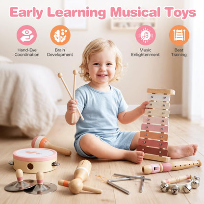 Vanplay Musical Toys for 2 Year Old Girls Birthday Gifts, Montessori Toys for 2 3 Year Old, 8 in 1 Wooden Musical Instruments with Xylophone/ Tambourine/Maracas for Toddler 2-4