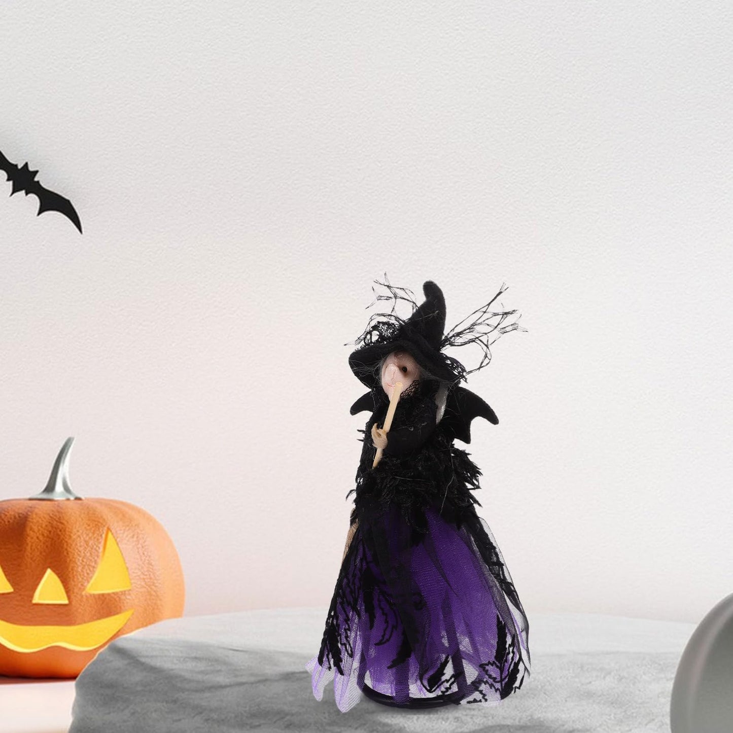 Alipis Halloween Witch Tree Topper, Black Witch Doll Ornament with Black Pointed Hat and Flying Broom Christmas Tree Top for Desktop Treetop Fireplace Halloween Decor