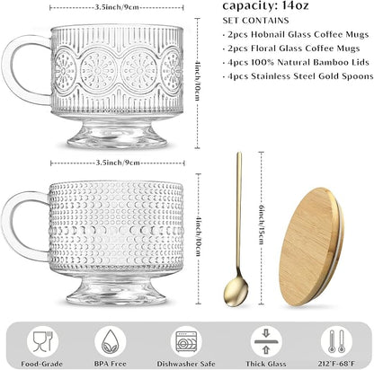 INSETLAN Vintage Glass Coffee Mugs 14 oz Set of 4, Embossed Overnight Oats Containers with Bamboo Lids and Spoons, Glass Coffee Cups for Tea, Cappuccino, Latte, Cereal and Yogurt, Gifts for Women