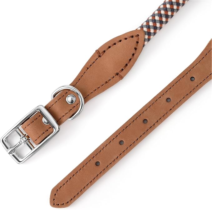 Mile High Life Genuine Leather Dog Collar, Durable Braided Cotton Rope Collar with Metal Pin Buckle for Small Medium Large Dogs (Brown Plaid, M Neck 15"-18")