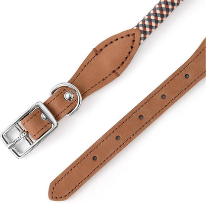 Mile High Life Genuine Leather Dog Collar, Durable Braided Cotton Rope Collar with Metal Pin Buckle for Small Medium Large Dogs (Brown Plaid, M Neck 15"-18")