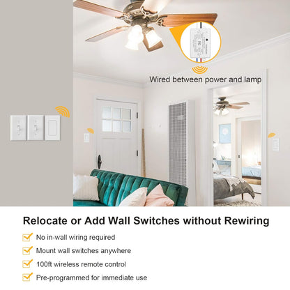 Suraielec Wireless Remote Light Switch, No Wiring, No WiFi, 100ft RF Range, Pre-Programmed, Expandable Wireless Wall Switch and Receiver Kit, Remote Control Light Fixture for Lamp, Ceiling Light, Fan