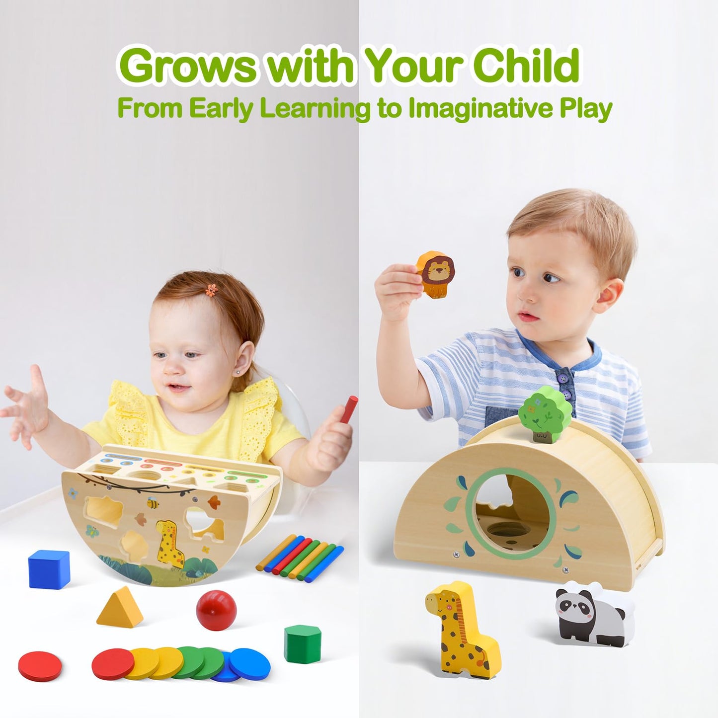 Humerry Montessori Busy Box for Toddlers 1-3, Wooden Object Permanence Coin Box with Shape Sorter & Animal Matching, Fine Motor Sensory Learning Toy with Wobble Base, Gift for 1 2 3 Year Old