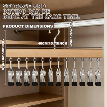Shgxjjnb Wooden Rotating Pants Hanger, Closet Organizer with 12 Clips, Space Saving Hanging Clothes Legging Wardrobe Organizer for Jeans, Hats, Shorts, Socks (Brown+Nature, 2Pack)