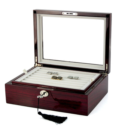 Deluxe Jewelry Cufflinks Collector's Storage Presentation Box Case Mahogany Double-Decker Gift