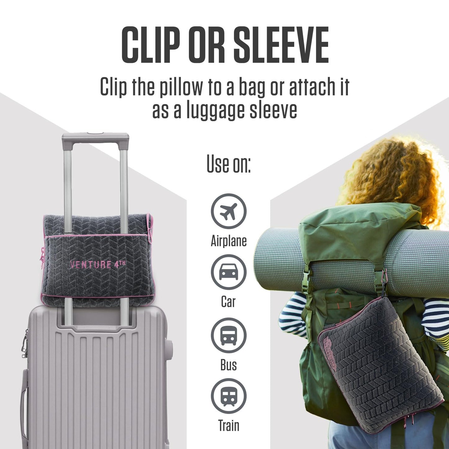 VENTURE 4TH Travel Blanket Pillow – Premium Ultra-Soft & Warm 2-in-1 Blanket or Pillow for Airplane, Car & Bus – Compact, Lightweight & Portable – Lint-Free, No Shedding, No Pilling - Gray/Pink