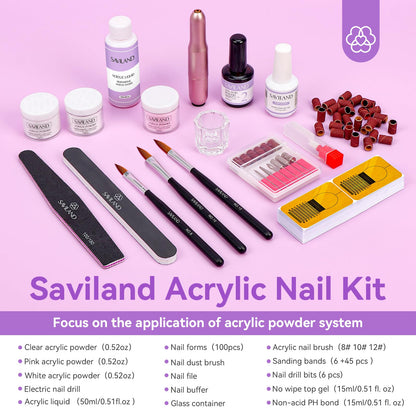 SAVILAND Essentials Acrylic Nail Kit Starter: Acrylic Nail Kit for Beginners with Everything White Pink Clear Acrylic Powder and Liquid Set #8/10/14 Nail Brush Forms Manicure Tools Home Nail Salon DIY