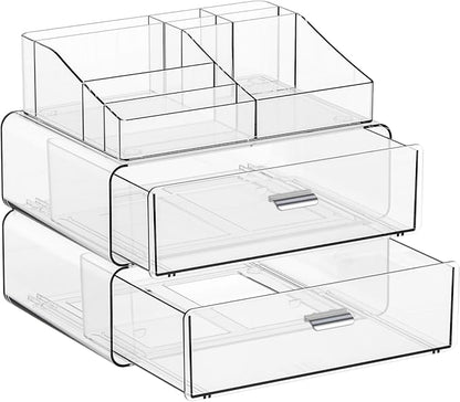 Yieach 3 Tier Clear Acrylic Makeup Organizers with Drawers,Tiered Countertop Make up Storage Organizer for Dresser Top and Bathroom Vanity,Plastic Makeup Stand for Brush,Skincare,Beauty Organizers