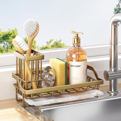 Consumest Sink Caddy, Kitchen Sponge Holder with Dish Brush Holder, Kitchen Sink Organizer with Drip Tray for Countertop, Stainless Steel Rustproof - Gold