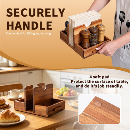 GinSent Napkin Holder for Table, Wooden Napkins Holder with Salt and Pepper Shakers Caddy, Standing Paper Napkin Storage for Kitchen Countertop Dining Table Decor(Acacia Wood)