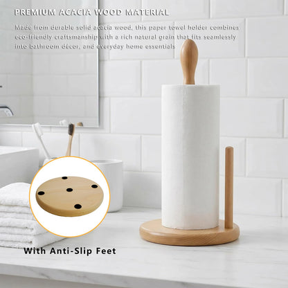 JURHSDEGD Wooden Paper Towel Holder – Weighted Wide Base, Fits Jumbo & Standard Rolls, One-Hand Tear, Kitchen Countertop Organizer