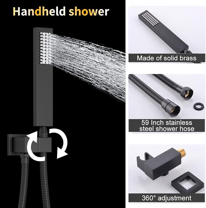 AYIVG Matte Black 4 Function Dual Shower Heads System Multi Functions Temperature Full Body Shower System 6pcs Jets 16 X 26 Inch And 8 inch Rainfall Shower Head Faucet Set