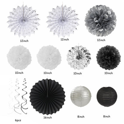 Black White-Silver Party-Decorations - 33pcs Kits Banner,Graduation Streamer Tassel Garland,Tissue Pom Poms Honeycomb,Paper Lantern Fans,Birthday Wedding Baby Bridal Shower New Years Decor Hugtmr