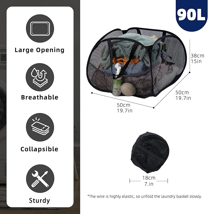 Collapsible Laundry Basket 90L, Foldable Mesh Pop-up Laundry Hamper