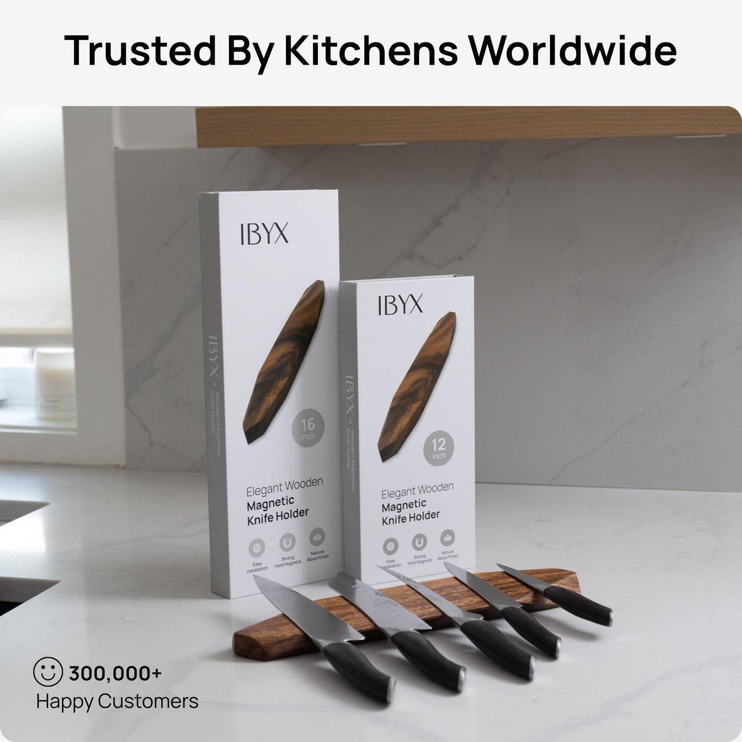 Ibyx Acacia Magnetic Knife Strip - Wooden Wall-Mount Magnetic Knife Holder & Organizer with 3M No-Drill & Screw Mount Options, Water-Resistant Universal Knife Holder | 16 Inches, Capacity 8.8 lb