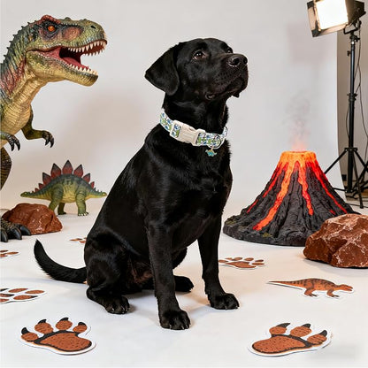 DOGWONG Dinosaur Dog Collar-Cute Green Dinosaur Dog Collar for Small Dogs, Adjustable Comfortable Cotton Boy Dog Collars for Small Medium Large Dogs,L
