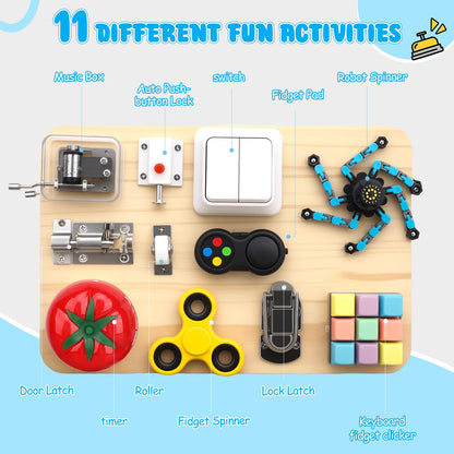 Wooden Busy Board Fidget Pad for Kids Adults, Musical Fidget Spinner for Stress Relief, 11 in 1 Sensory Fidget Toys for Travel, Preschool Learning Activities Fine Moto