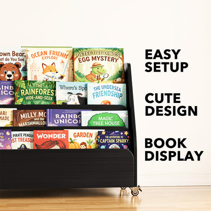 SpaceAid Double-Sided Mobile Bookshelf, Montessori Bookcase for Toddlers, Wooden Book Storage Organizer Shelf Furniture for Kids Rooms, Playroom, Nursery and Classroom, 29.5“ Wide 4-Tier, Black