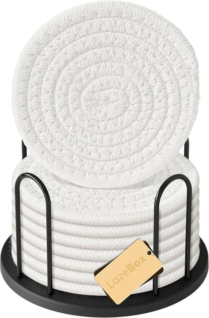 Lazebox Coasters Set of 8 for Drinks, 4 Inch Large Coasters for Coffee Table, Tabletop Protection for Hot & Cold Drinks, Versatile Coasters for Home Decor, Non-Slip & Easy to Clean, White