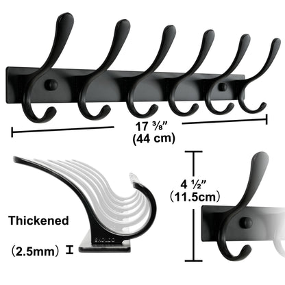 SKOLOO Coat Rack Wall Mounted - 6 Hooks, Heavy Duty, Stainless Steel, Metal Wall Hanger, Sturdy Coat Hooks for Hanging Coats, Jacket, Clothes, Hats - Black