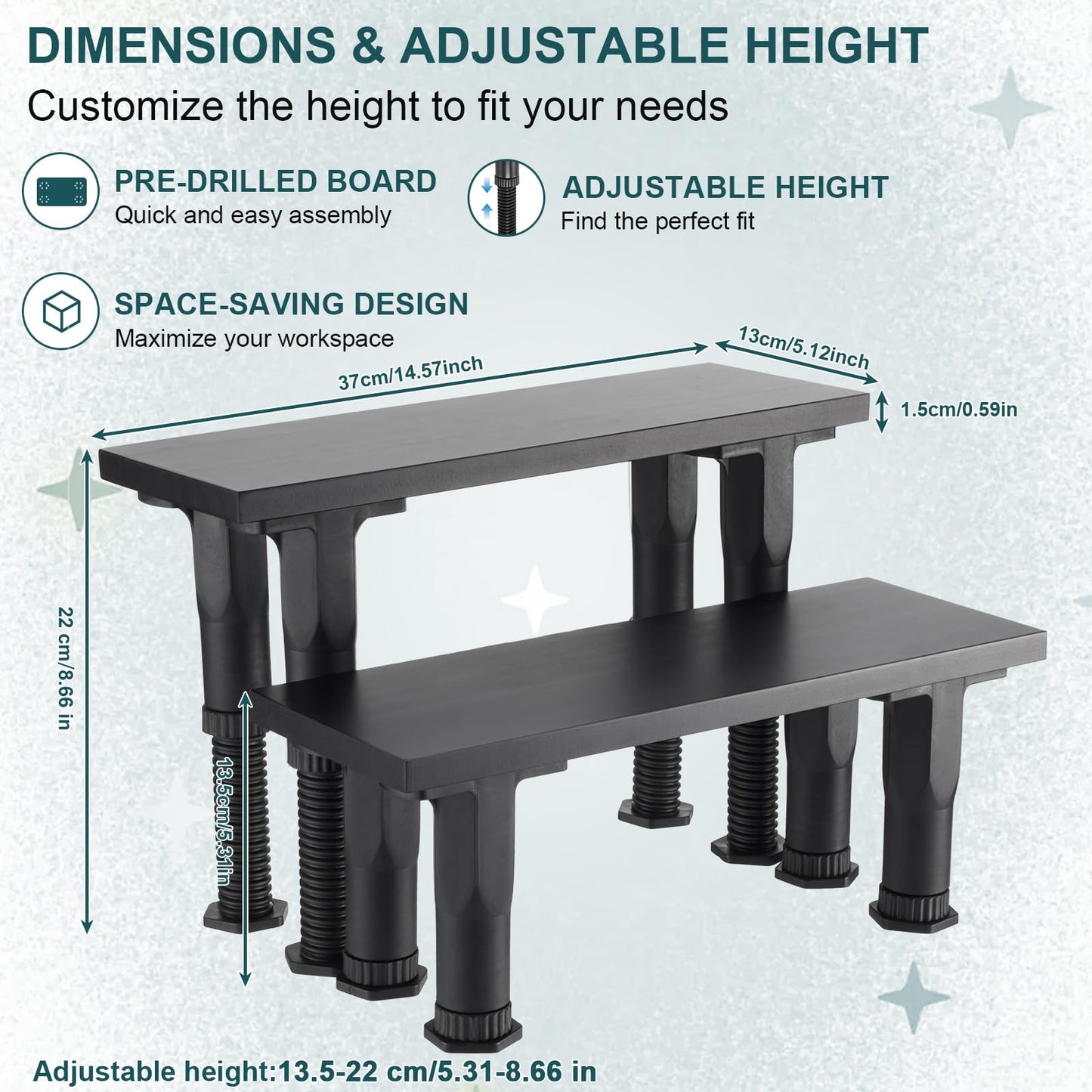 AceOrbit 14.57 x 5.12 x 5.31-8.66 in Adjustable Height, 2 Pack Bookshelf Risers, Wooden Book Shelf Riser for Manga, Comics, Books, Figures, Collectibles, DVDs and CDs, Black