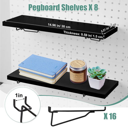 Qunclay 8 Pack Pegboard Shelf Set Wooden Shelves with Metal Brackets Hook Wall Pegboard Shelving Heavy Duty Accessories for Crafts Home Office Garage Workbench(Black)