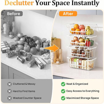SUNALLY Stackable Storage Bins 4 Pcs Wire Baskets for Pantry Organizers and Storage, Vegetable Fruit Storage Basket for Countertop Organizer,Kitchen Baskets for Onion Potato Snack Cans Storage,White