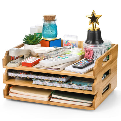 Okllen 3 Pack Stackable Paper Trays, Bamboo Desk Letter Tray Set, 3 Tier File Document Organizer Tray for A4 Paper, Magazine, Receipts, Office Supplies