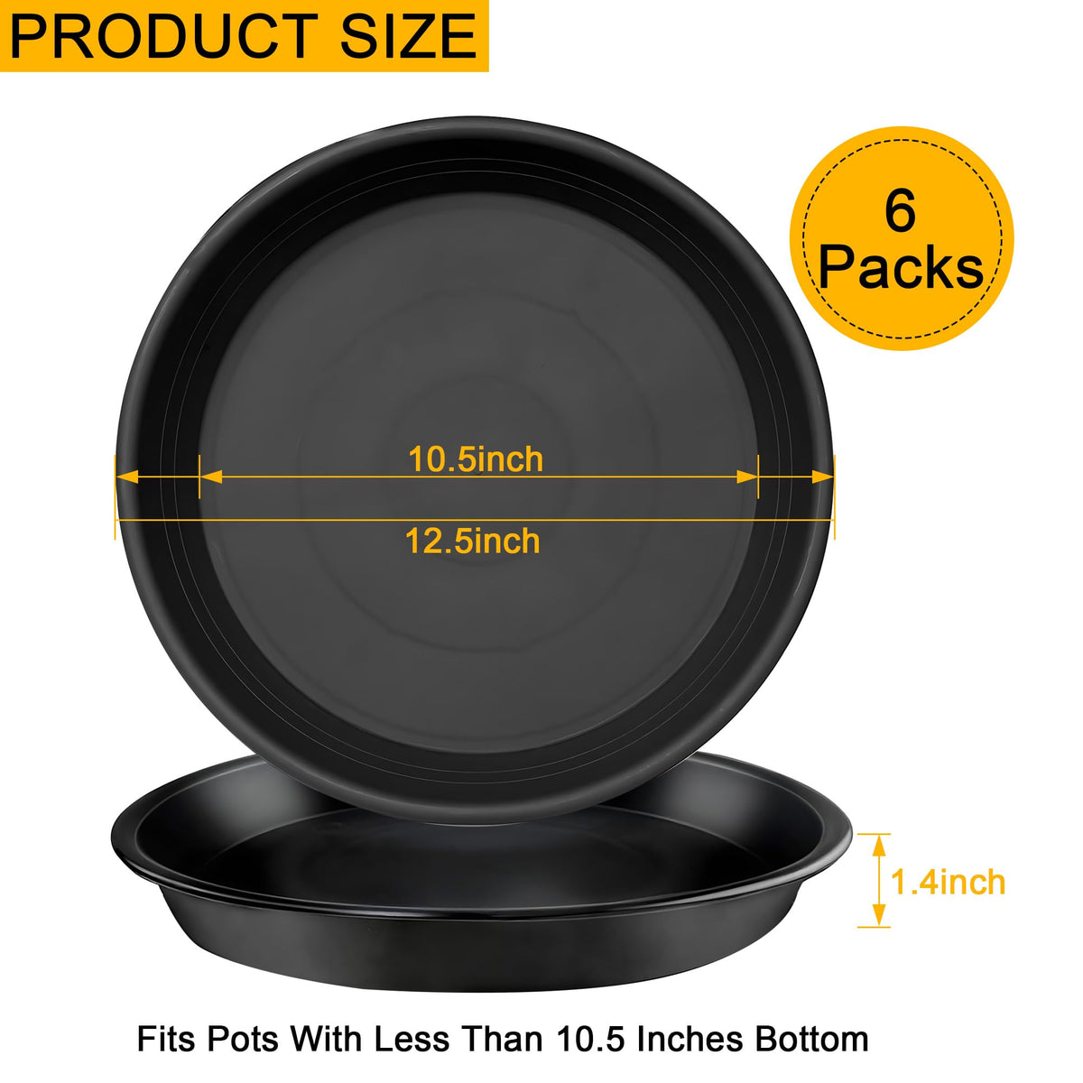 WYIPOLZI 6 Pack 12 Inch Plant Saucers Tray, Heavy Duty Plastic Plant Trays Drip Plates for Home & Garden Potted Plants, Water Trays Saucers for Pots Planter, Indoor Outdoor Use,Black
