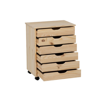 Linon Corinne Unfinished Wide Six Drawer Wooden Rolling Storage Cart
