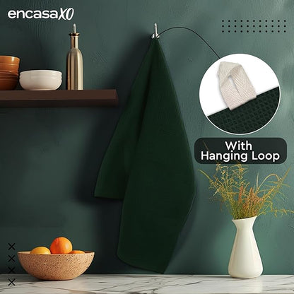 Encasa XO Kitchen Dish Towels Set | Dark Green | Waffle Weave and Flat Hand Tea