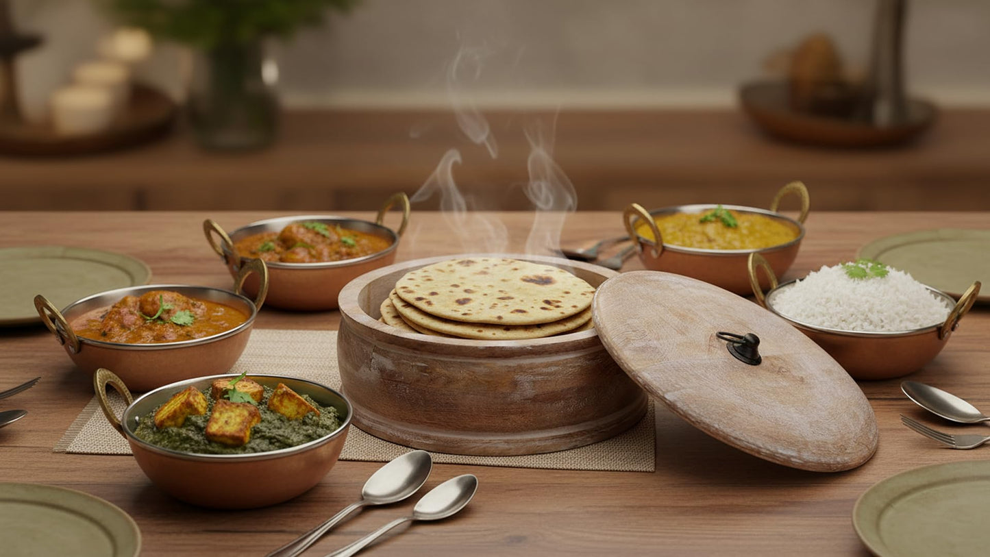 Handcrafted Wooden Mexican Tortilla Warmer Basket Indian Chapati Roti Bread Holder Box Pancake Keeper Serveware Hot Pot Casserole Dish With Lid Home Kitchen Dining Decor, Natural Brown, 9 x 3.5 Inches