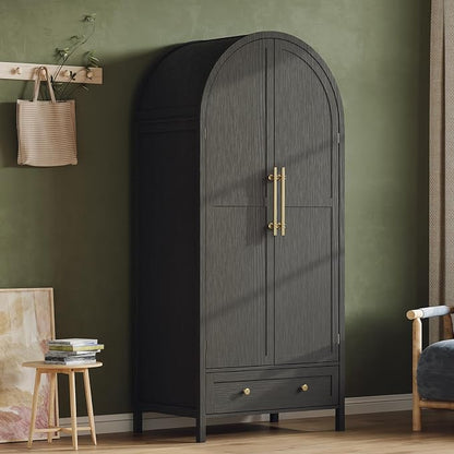 VINGLI Arched Wardrobe Closet Armoire with Doors and Drawer, Bedroom Armoires Black Wardrobe Cabinet Closet,19.7" D x 31.5" W x 69.7" H